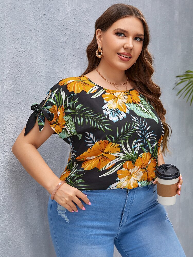 Plus Tropical Print Knot Cuff Blouse - Multicolor - View 1