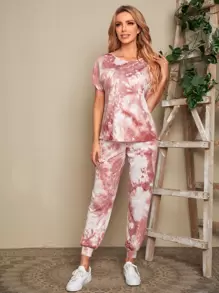 紮染T恤和運動褲套裝 - 藕粉色 - 查看 1