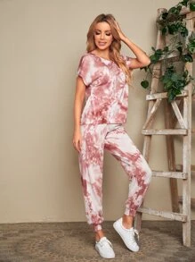 紮染T恤和運動褲套裝 - 藕粉色 - 查看 4