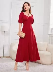 Modelyn 十字交叉繞頸泡泡袖A字連衣裙