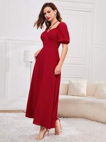 Modelyn 十字交叉繞頸泡泡袖A字連衣裙