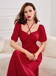 Modelyn 十字交叉繞頸泡泡袖A字連衣裙