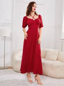 Modelyn 十字交叉繞頸泡泡袖A字連衣裙