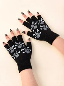Guantes sin dedos con estampado de cráneo callejero
