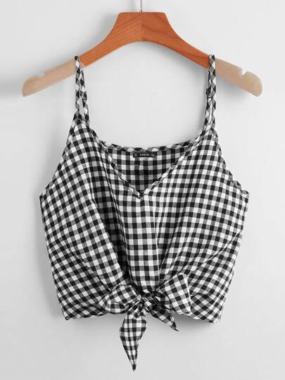 مقاس كبير لباس علوي كامي حافة معقود بطباعة مربعات غنغهام