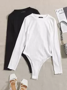 SHEIN EZwear Plus 2pcs Solid Rib-knit Bodysuit