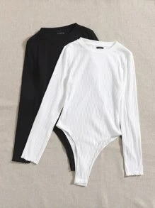 SHEIN EZwear Plus 2pcs Solid Rib-knit Bodysuit