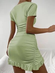 Zolique Tied Cutout Front Ruffle Trim Wrap Hem Dress - Lime Green - View 2