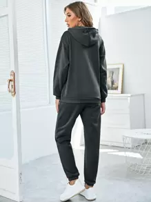 INAWLY Drawstring Drop Shoulder Thermal Lined Hoodie & Joggers - Dark Grey - View 2