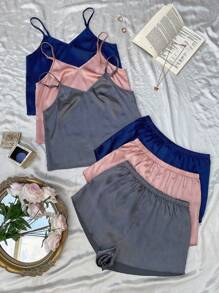 纯色吊带缎面三件套上衣和三件套短裤睡衣套装/睡衣套装 - 彩色 - 查看 1