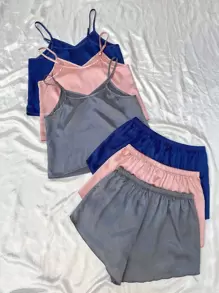 纯色吊带缎面三件套上衣和三件套短裤睡衣套装/睡衣套装 - 彩色 - 查看 2