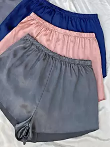 纯色吊带缎面三件套上衣和三件套短裤睡衣套装/睡衣套装 - 彩色 - 查看 3