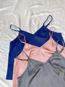 纯色吊带缎面三件套上衣和三件套短裤睡衣套装/睡衣套装 - 彩色 - 查看 4