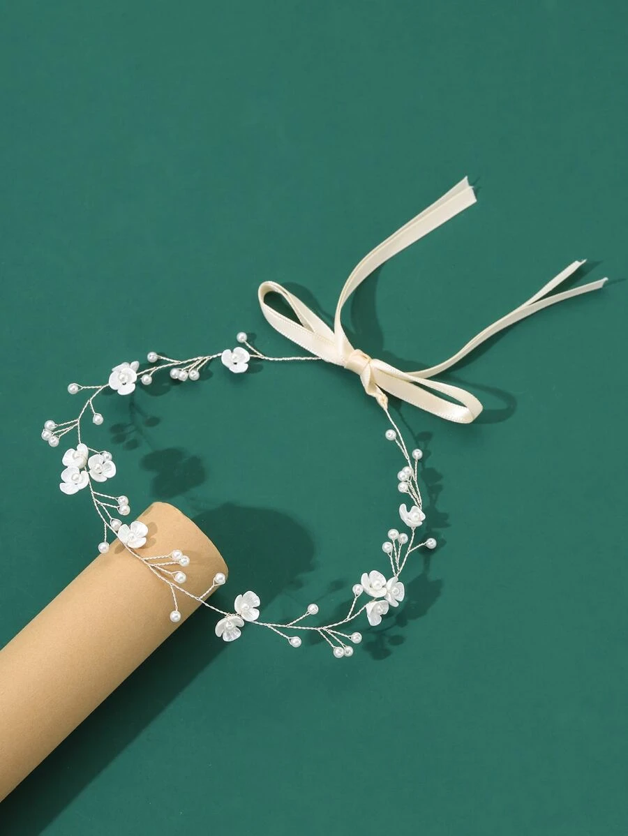 1pc Women's Handmade Flower & Faux Pearl Tassel Hairband Bridal Headpiece For Wedding & Party - Silver - View 1