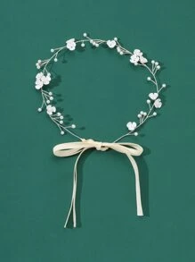 1pc Women's Handmade Flower & Faux Pearl Tassel Hairband Bridal Headpiece For Wedding & Party - Silver - View 2