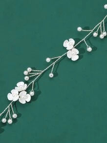 1pc Women's Handmade Flower & Faux Pearl Tassel Hairband Bridal Headpiece For Wedding & Party - Silver - View 3