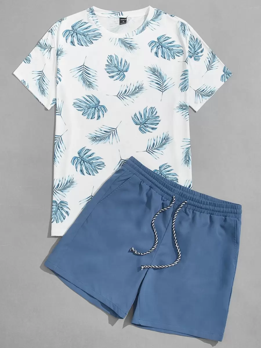 GENTILAND Men Tropical Print Top & Shorts - Blue and White - View 1