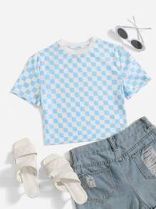 SHEIN Áo thun nữ Sọc ca rô Giải trí - Xanh và trắng - Xem 1