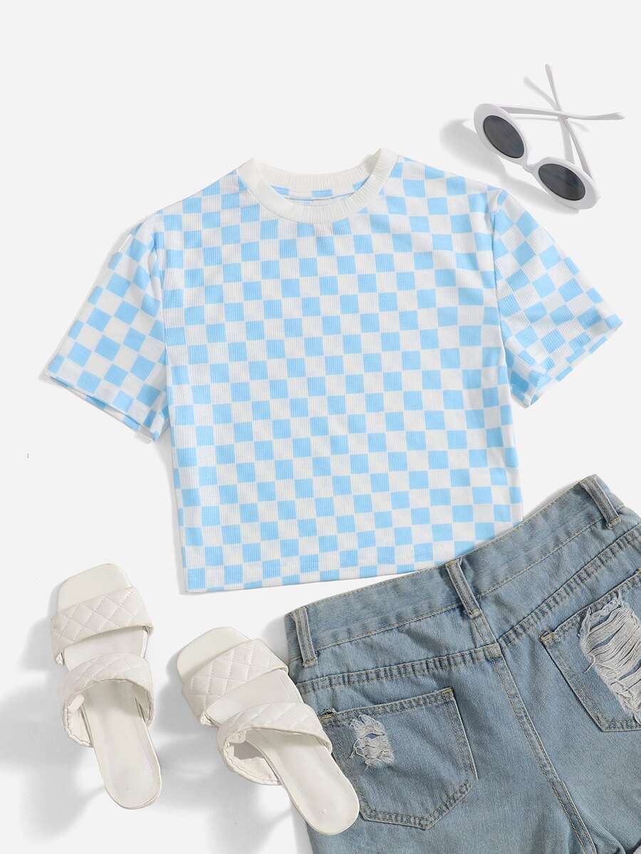 SHEIN Áo thun nữ Sọc ca rô Giải trí - Xanh và trắng - Xem 1