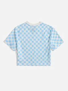 SHEIN Áo thun nữ Sọc ca rô Giải trí - Xanh và trắng - Xem 2