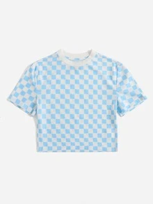 SHEIN Áo thun nữ Sọc ca rô Giải trí - Xanh và trắng - Xem 3