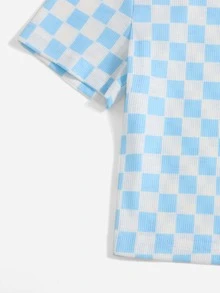 SHEIN Áo thun nữ Sọc ca rô Giải trí - Xanh và trắng - Xem 4