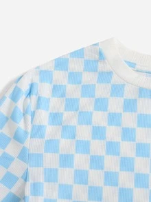 SHEIN Áo thun nữ Sọc ca rô Giải trí - Xanh và trắng - Xem 5