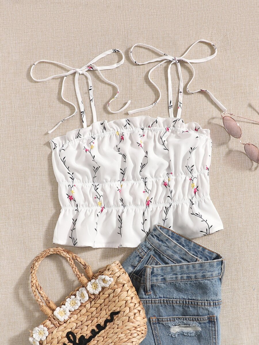 Soleia Knot Strap Ruffle Trim Ditsy Floral Cami Top - Multicolor - View 1