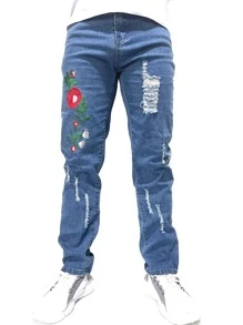ROMWE MEN Guys Floral Embroidery Ripped Jeans - Medium Wash - View 1