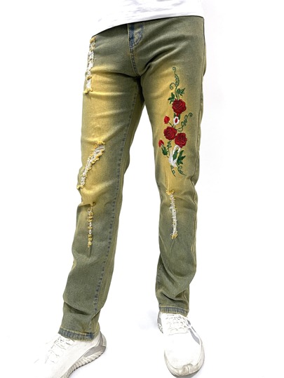 Homme Jean déchiré brodé fleur