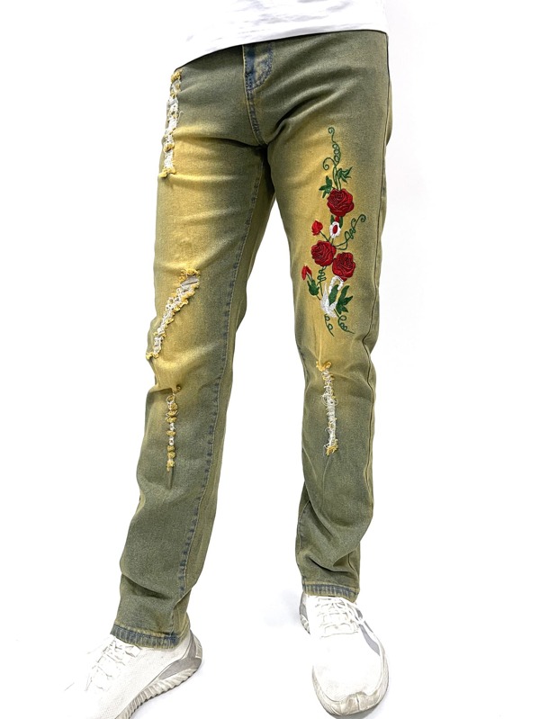 ROMWE MEN Guys Floral Embroidery Ripped Jeans