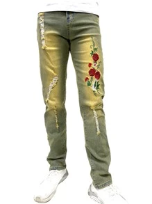 Hombres Jeans desgarro con bordado floral - Multicolor - Ver 4