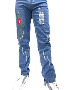 ROMWE MEN Guys Floral Embroidery Ripped Jeans - Medium Wash - View 3