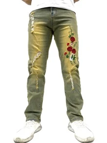 Hombres Jeans desgarro con bordado floral - Multicolor - Ver 5