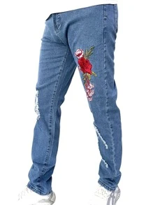 ROMWE MEN Hombres Jeans desgarro con bordado floral - Azul lavado medio - Ver 4