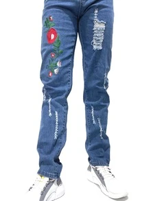ROMWE MEN Guys Floral Embroidery Ripped Jeans - Medium Wash - View 4