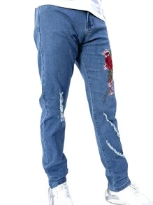 ROMWE MEN Hombres Jeans desgarro con bordado floral - Azul lavado medio - Ver 5