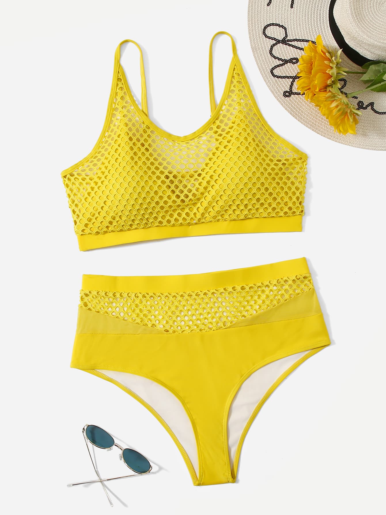 Plus Size Contrast Fishnet Bikini Set Summer Beach - Yellow - View 1