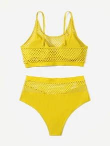 Plus Size Contrast Fishnet Bikini Set Summer Beach - Yellow - View 2