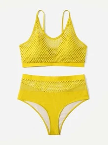 Plus Size Contrast Fishnet Bikini Set Summer Beach - Yellow - View 5