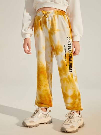 SHEIN Nó Bolso Tie Dye Slogan Calças de fato de treino para menina