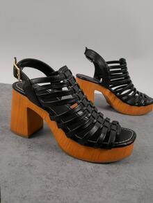 Faux Leather Caged Wooden Platform Block Heels - Black - View 2