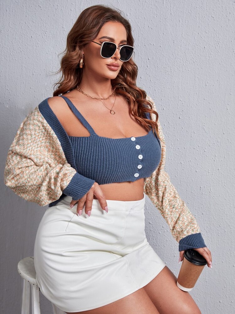 SHEIN Unity Casual Kleurblok Grote maat: cardigan Voorpand met Knoopjes - Veel kleurig - Bekijken 4