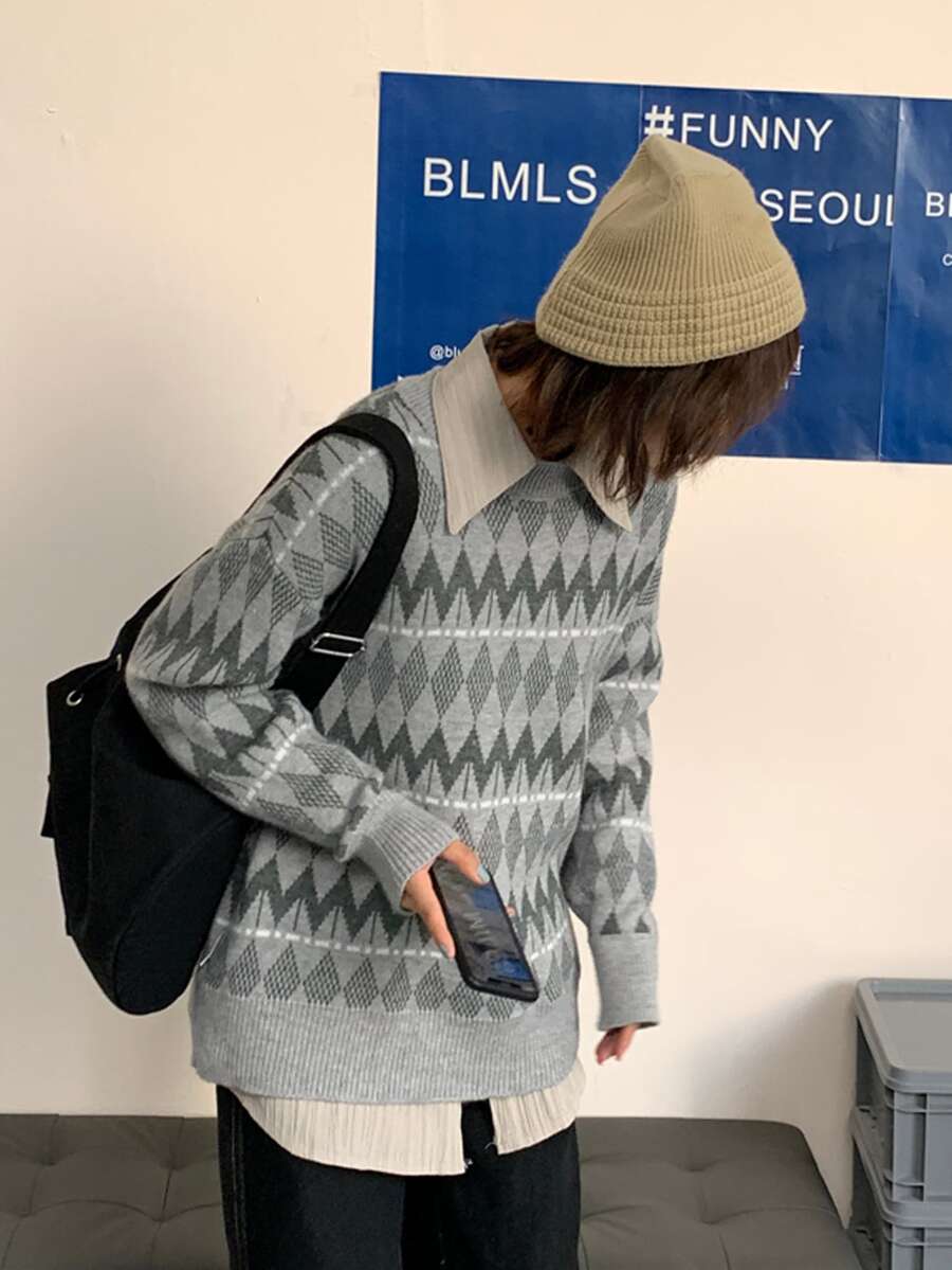 Diamond Pattern Drop Shoulder Sweater - ืืคืืจ ืืืืจ - ืจืื 1