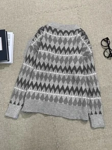 Diamond Pattern Drop Shoulder Sweater - אפור בהיר - ראה 2