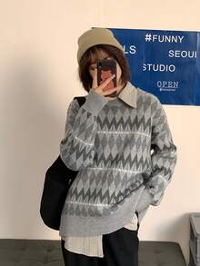 Diamond Pattern Drop Shoulder Sweater - אפור בהיר - ראה 3
