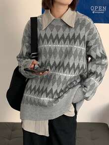 Diamond Pattern Drop Shoulder Sweater - אפור בהיר - ראה 4