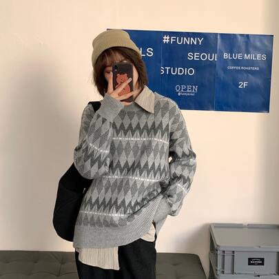 풀오버 스웨트 다이아몬드 패턴 드롭 숄더