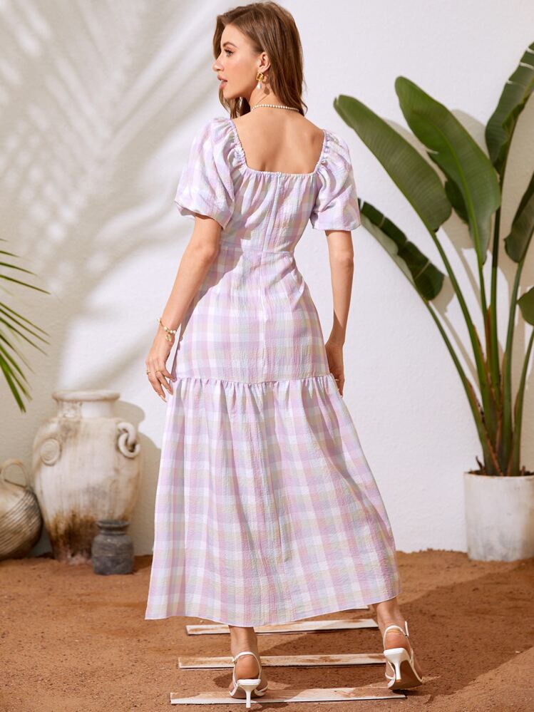 Modelyn Plaid Sweetheart Neck Lantern Sleeve Fake Button Ruffle Hem Dress - Multicolor - View 2