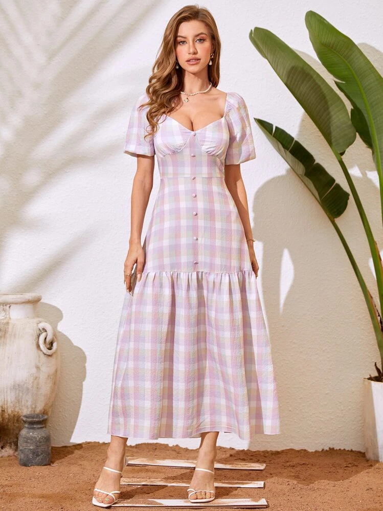 Modelyn Plaid Sweetheart Neck Lantern Sleeve Fake Button Ruffle Hem Dress - Multicolor - View 3